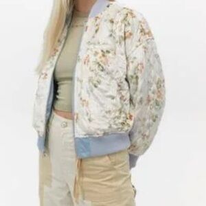Urban Outfitters Floral Bomber Jacket - Cream and Blue